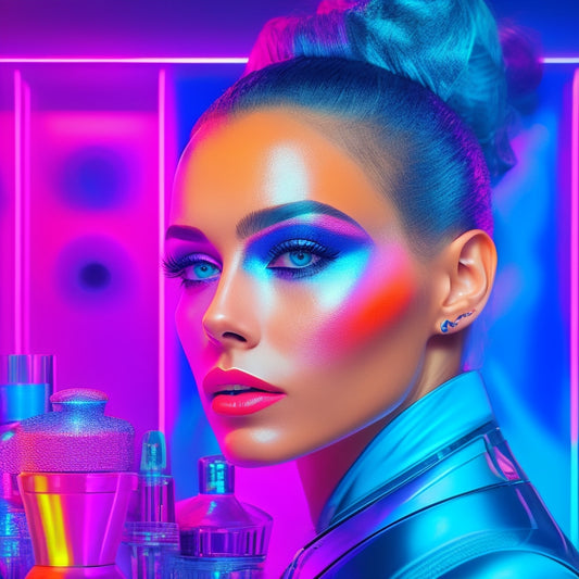 A vibrant, futuristic beauty studio with glowing neon lights, sleek metallic surfaces, and a stunning digital makeup design projected onto a model's face, surrounded by futuristic makeup tools and gadgets.