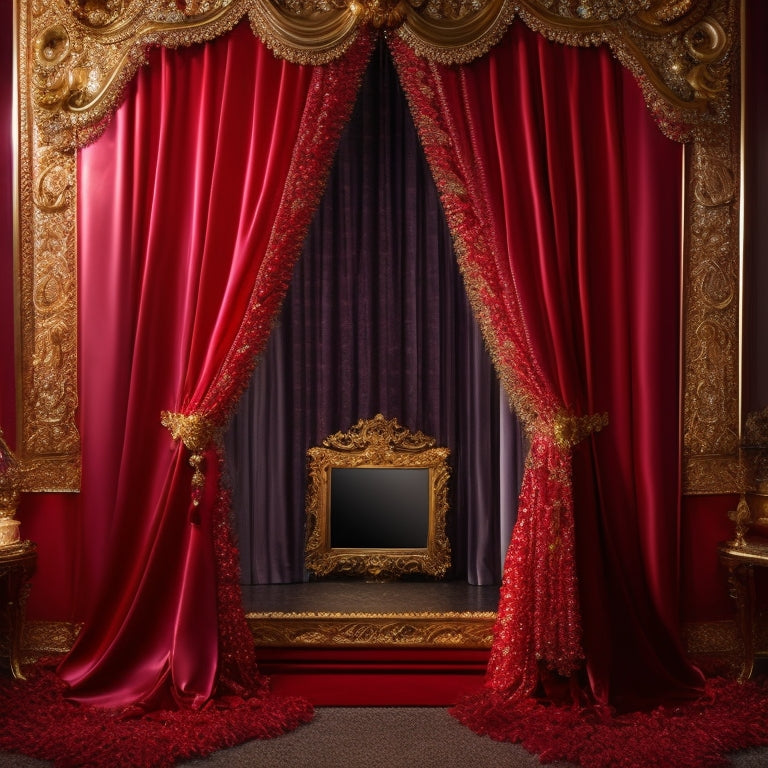 A dimly lit, velvety red curtain backdrop with a ornate, golden picture frame holding a mirror, surrounded by scattered feathers, beads, and sequins, with a single, long, white glove draped over the frame's edge.