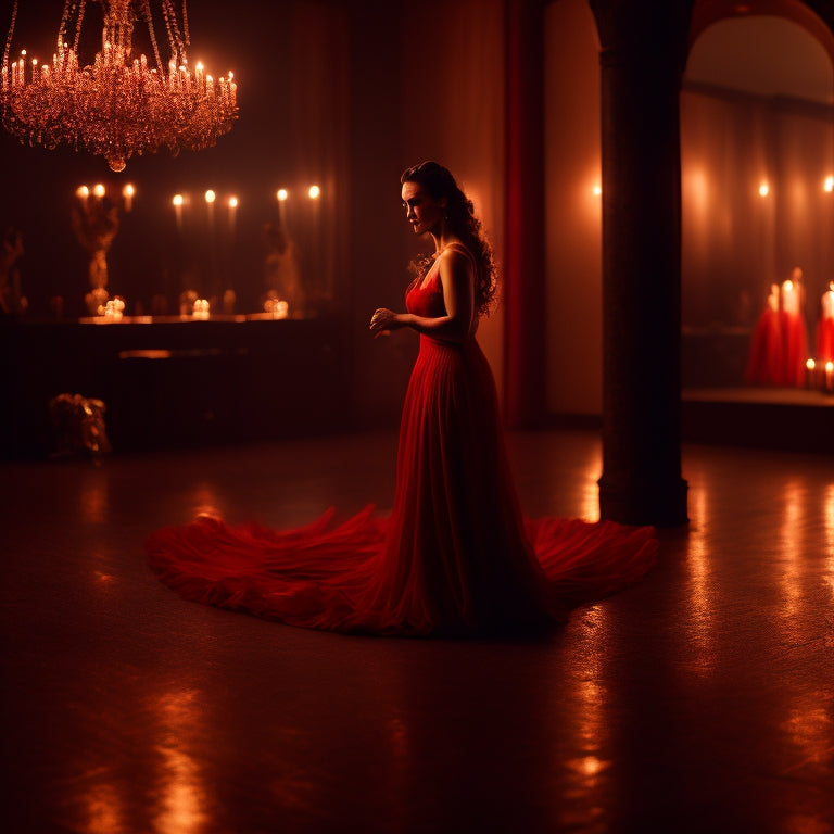 A sensual, dimly lit dance studio with a lone, toned female dancer in a flowing, crimson dress, surrounded by candles and mirrors, with a subtle, golden glow.