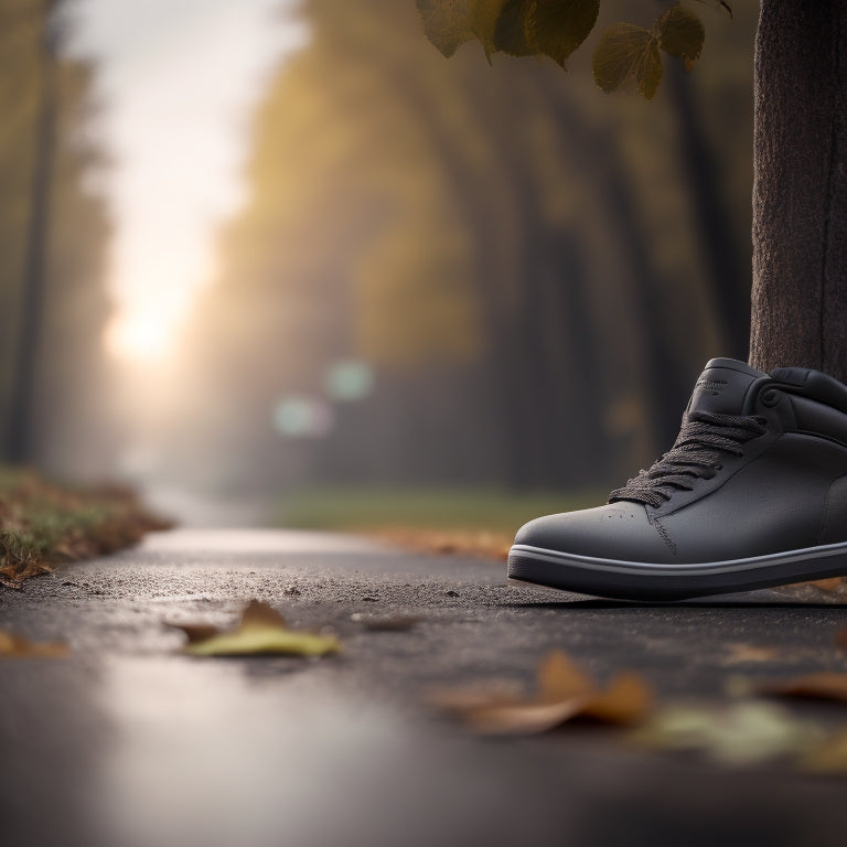 A pair of skate shoes standing upright on a worn, gray asphalt road, surrounded by scattered leaves, with a subtle blur effect suggesting movement, against a muted, overcast sky.