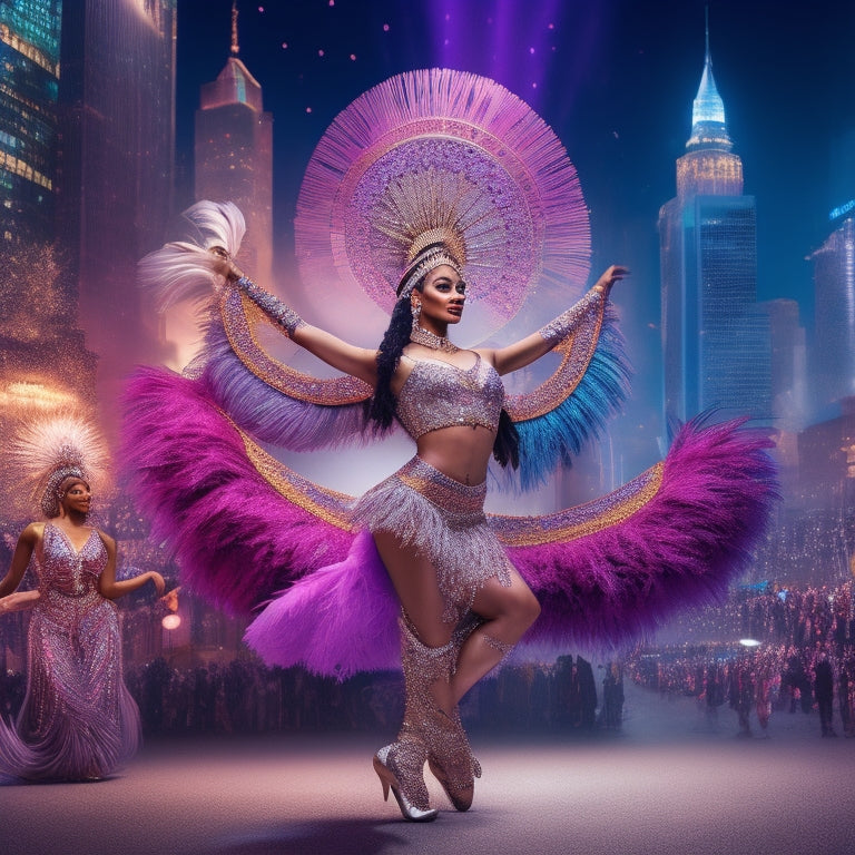 A stylized illustration of a dancer in mid-pose, surrounded by scattered dance costumes, accessories, and tools like glittering jewelry, feathers, and sequins, with a cityscape or stage lights blurred in the background.