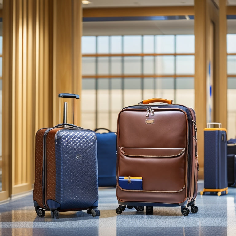 A luxurious wheeled garment bag elegantly displayed on an airport terminal floor, showcasing its sleek design, premium fabric, and organized interior, surrounded by stylish travel accessories like sunglasses, a passport holder, and leather luggage tags.