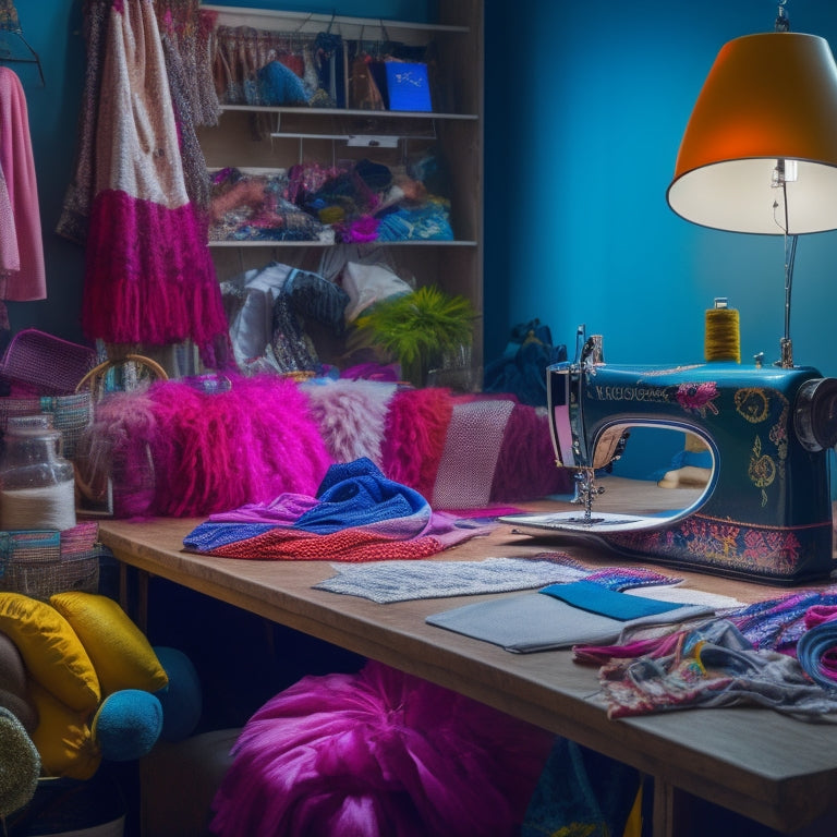 A colorful, well-lit, and clutter-free workspace featuring a sewing machine, various fabrics, threads, scissors, and a laptop with an open online tutorial, surrounded by dance costume pieces in various stages of alteration.