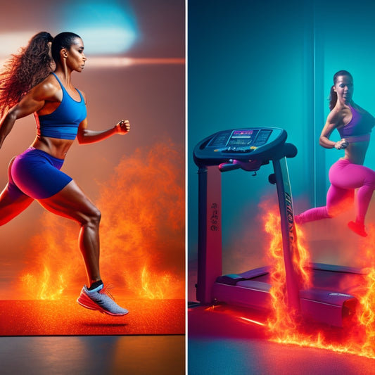 An illustration of a split-screen comparison: a person doing hip exercises (lunges, squats) on one side, and another person running on a treadmill on the other, with flames and sparks surrounding their bodies to represent burning fat.