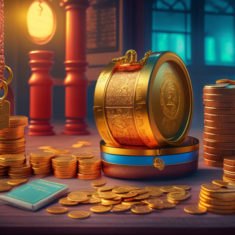 An illustration of a padlock unlocking a treasure chest overflowing with gold coins, surrounded by repeating calendar dates and growing profit graphs in the background.