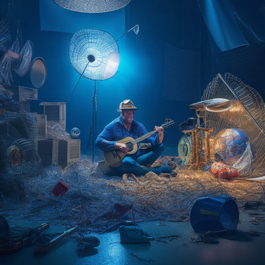 An illustration of a person trapped in a spider's web, surrounded by broken musical instruments, shattered sports equipment, and crumpled papers, with a spotlight shining dimly in the background.