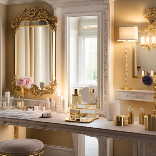 A soft, golden light illuminates a serene, elegant makeup studio, with ornate mirrors, velvet drapes, and a beautifully arranged makeup station, showcasing an array of luxurious, high-end products.