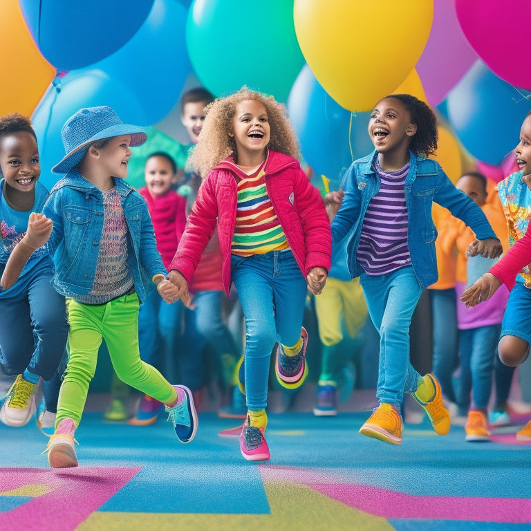 A vibrant, colorful illustration of diverse kids, ages 8-12, in a lively school gym, surrounded by balloons and streamers, dancing and jumping with joy, while wearing cool, trendy sneakers.