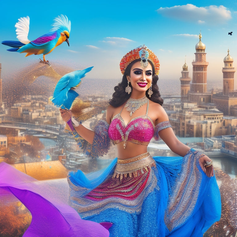 A whimsical illustration of a belly dancer in a vibrant, colorful costume, surrounded by Twitter birds and hashtags, with a subtle cityscape background, conveying the fusion of traditional art and modern marketing.