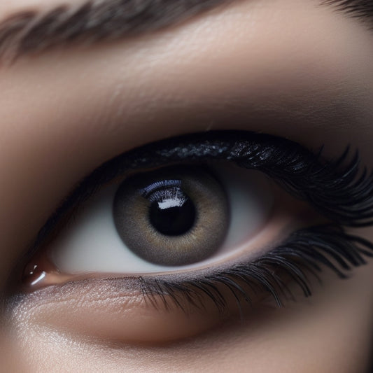 A close-up of a woman's eye with a perfectly blended, dark grey and black smokey eye, featuring a subtle shimmer on the lid, and luscious lashes.