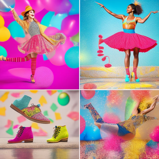 A whimsical, vibrant collage of 5-7 photographs showcasing a tap dancer in different poses, outfits, and backgrounds, with colorful confetti and musical notes swirling around the edges.