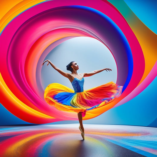 A vibrant, dynamic illustration featuring a young dancer standing in a bright, empty studio, surrounded by swirling lines and shapes in various colors, with musical notes and rhythm patterns floating in the air.