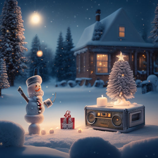 A whimsical illustration of a snowy winter wonderland scene at dusk, with sparkling snowflakes, twinkling string lights, and a vintage-style boombox surrounded by dancing snowmen and festive ornaments.