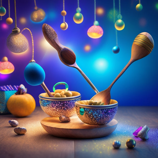 A vibrant, whimsical illustration featuring a pair of traditional wooden spoons dancing in mid-air, surrounded by swirling musical notes and faint, glowing LED lights.