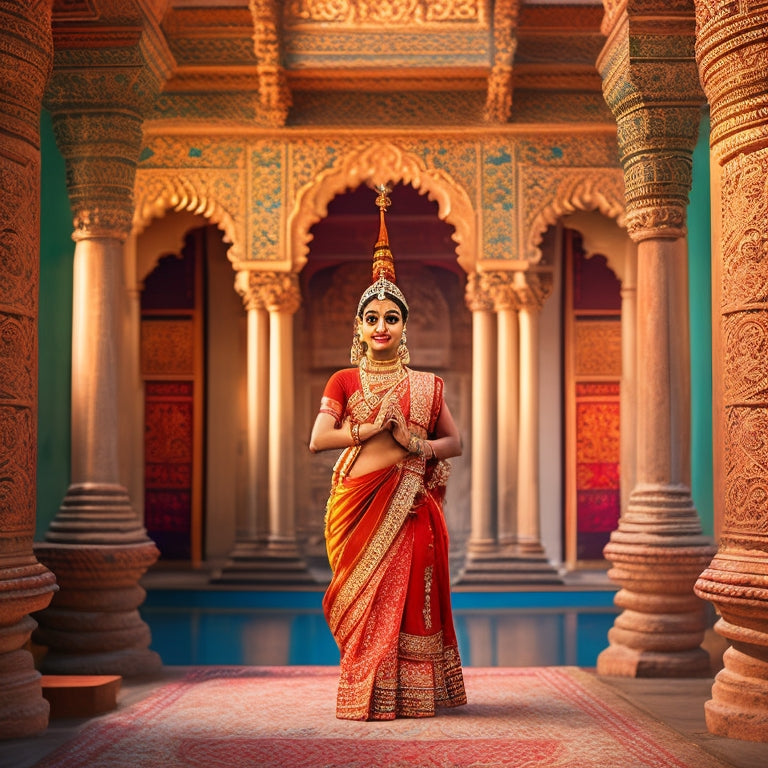 An illustration of a serene Bharatanatyam dancer in a traditional Indian costume, surrounded by intricate carvings and ornate pillars, with a subtle background of a ancient Indian temple.