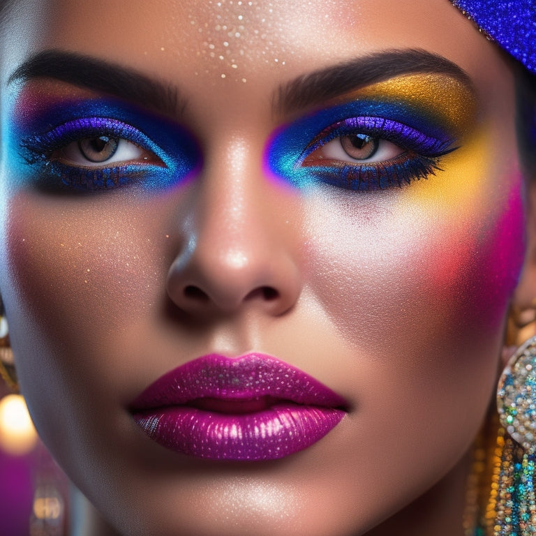 A close-up of a dancer's face, adorned with bold, glittering eyeshadow and bold lip colors, surrounded by makeup brushes, mirrors, and dance-inspired accessories, on a dark, gritty urban background.