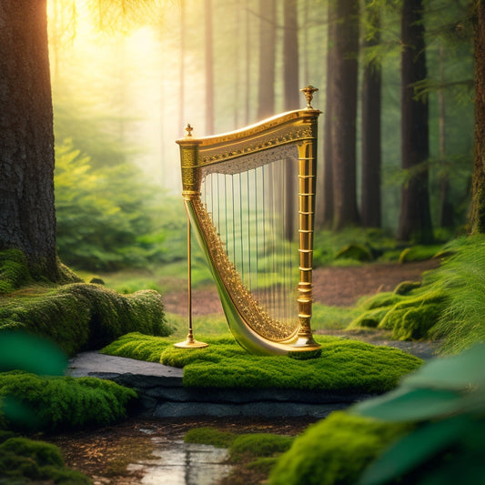 An elegant, golden harp sits atop a moss-covered stone pedestal, surrounded by lush, emerald-green foliage, with soft, warm light filtering through the leaves, evoking a sense of mystique and wonder.