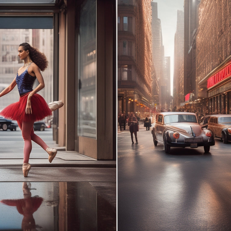 A split-scene image: on the left, a dancer wearing dance shoes on a wooden floor in a studio, surrounded by mirrors and ballet bars; on the right, the same dancer wearing the same shoes on a busy city street, amidst pedestrians and cars.