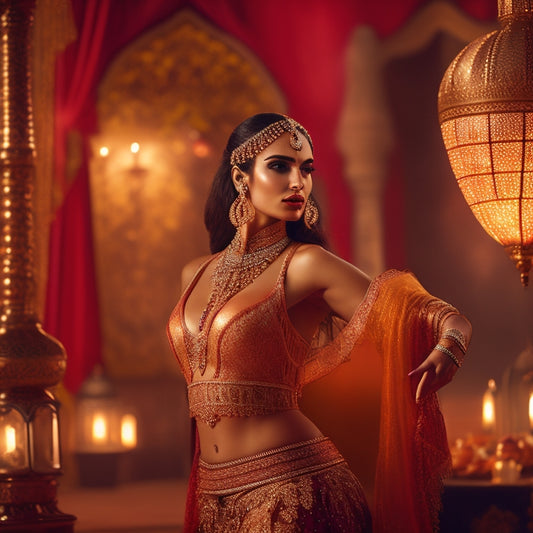 A mesmerizing illustration of a belly dancer in a golden-lit, lavish Middle Eastern-inspired setting, surrounded by intricate patterns, lanterns, and exotic fabrics, with a subtle hint of mystery and allure.