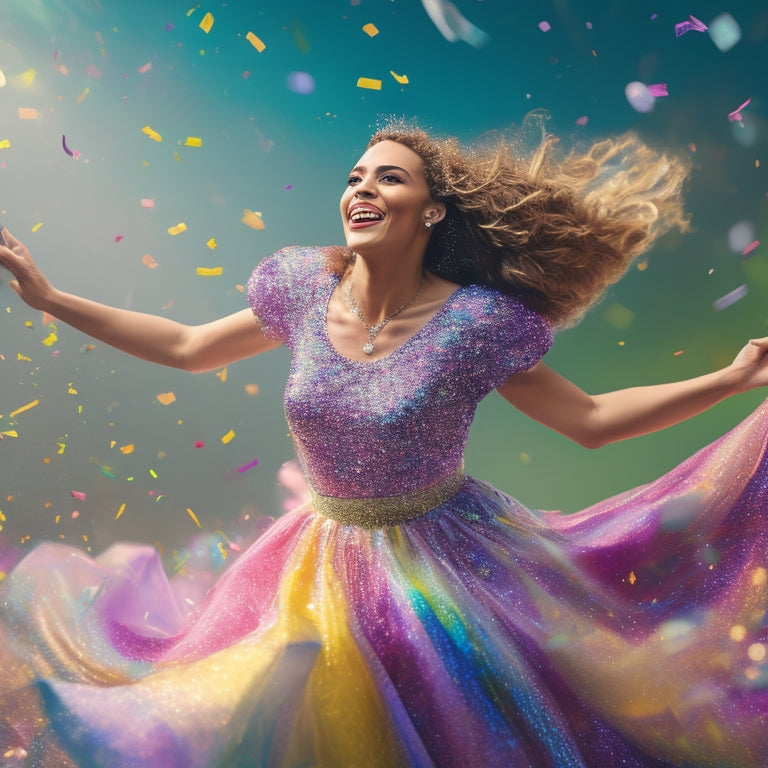 A whimsical illustration of a woman in a flowing, rainbow-colored dress, surrounded by swirling, abstract dance movements, with confetti and glitter scattered around her, radiating joy and freedom.