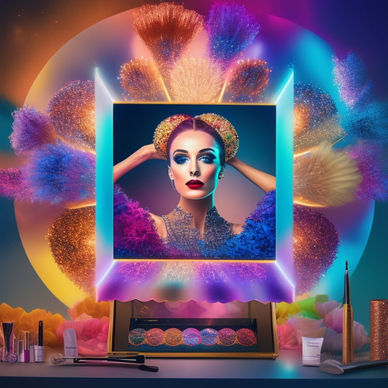 A whimsical illustration featuring a ballet dancer in front of a large, glowing digital board displaying a kaleidoscope of makeup looks, with brushes and cosmetic tools orbiting around her.