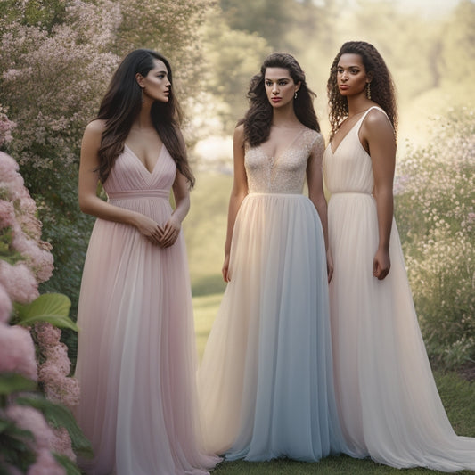 A graceful model with diverse body types showcases flowing chiffon dresses in soft pastel colors, highlighting their silhouettes against a serene outdoor setting, surrounded by blooming flowers and dappled sunlight.