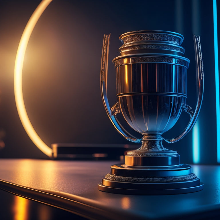 A futuristic, metallic trophy with a platinum finish, surrounded by a halo of light, sits atop a sleek, black console with a video playback screen in the background, displaying a PDC tournament highlight reel.