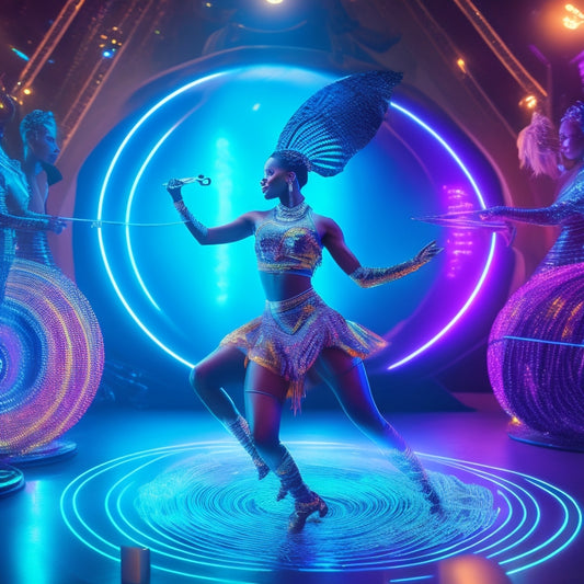 A futuristic, neon-lit virtual reality environment with a holographic African dancer in mid-spear-dance pose, surrounded by swirling digital files and coding streams.