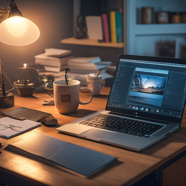 A laptop sits on a cluttered desk, surrounded by scattered papers, coffee cups, and a few empty notebooks, with a single beam of light shining on the screen, displaying a blogging dashboard.