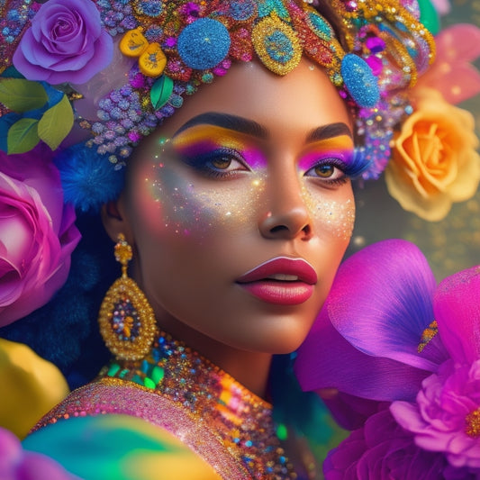 A vibrant, whimsical illustration of a person surrounded by sparkling, shimmering fabrics, flowers, and glittering accessories, with a radiant aura emanating from their festival-ready costume.
