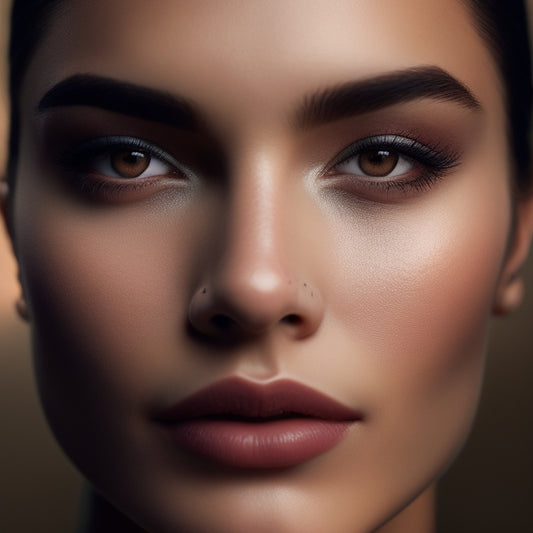 A minimalist, high-contrast image featuring a close-up of a woman's face with bold, defined brows, subtle smoky eyes, and glossy lips, set against a soft, grainy background with a warm, golden undertone.