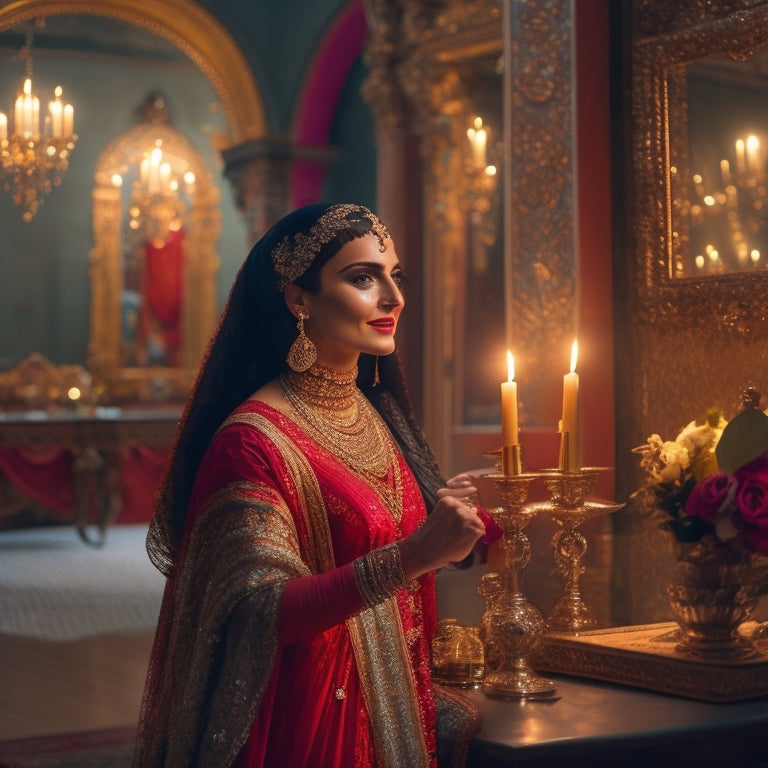 A serene, dimly lit studio with a large, ornate mirror reflecting a fit, smiling woman in a flowing, shimmering costume, dancing with hips swaying and arms extending, surrounded by candles and Middle Eastern-inspired tapestries.