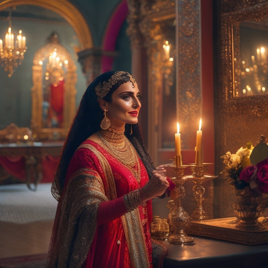 A serene, dimly lit studio with a large, ornate mirror reflecting a fit, smiling woman in a flowing, shimmering costume, dancing with hips swaying and arms extending, surrounded by candles and Middle Eastern-inspired tapestries.