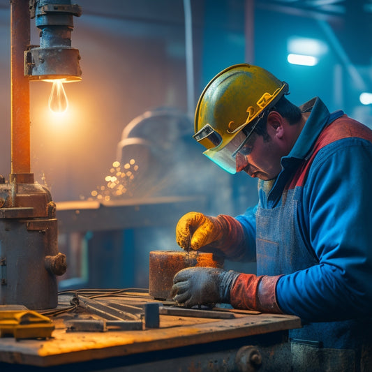 A welder in a workshop, surrounded by steel railings and fabrication tools, wearing a helmet and gloves, with sparks flying as they weld a railing joint, amidst a backdrop of industrial machinery.