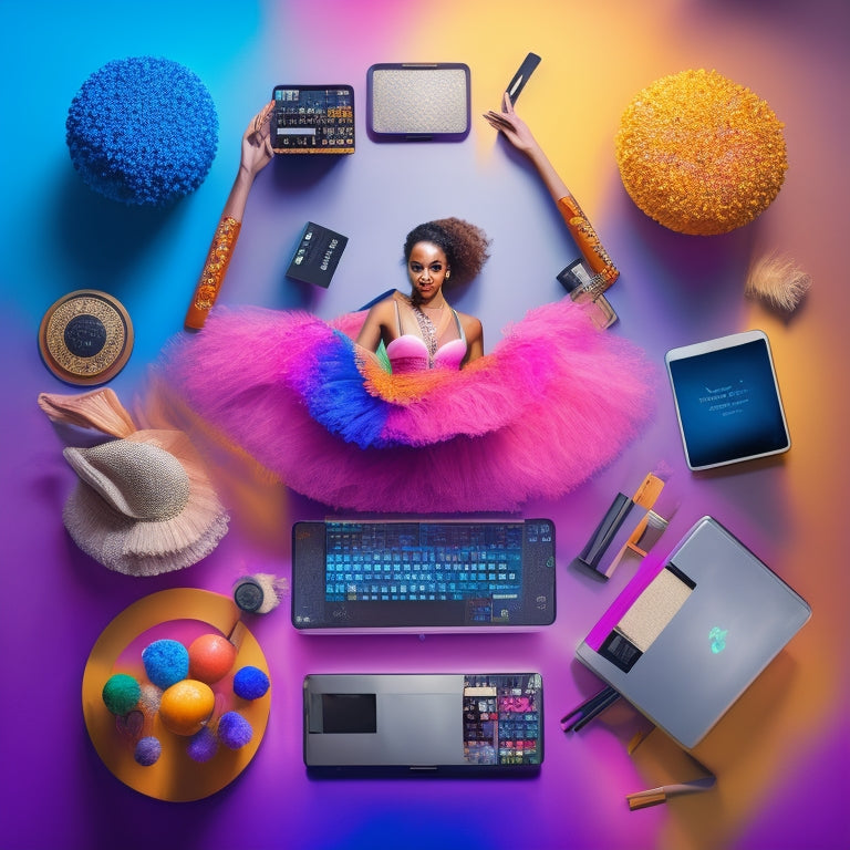 A colorful, modern illustration featuring a dancer in the center, surrounded by digital tools such as laptops, tablets, and smartphones, with makeup brushes and palettes scattered around, blending dance and technology.