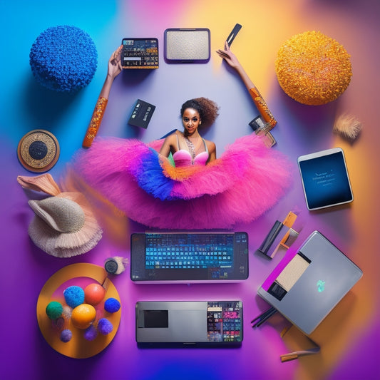 A colorful, modern illustration featuring a dancer in the center, surrounded by digital tools such as laptops, tablets, and smartphones, with makeup brushes and palettes scattered around, blending dance and technology.