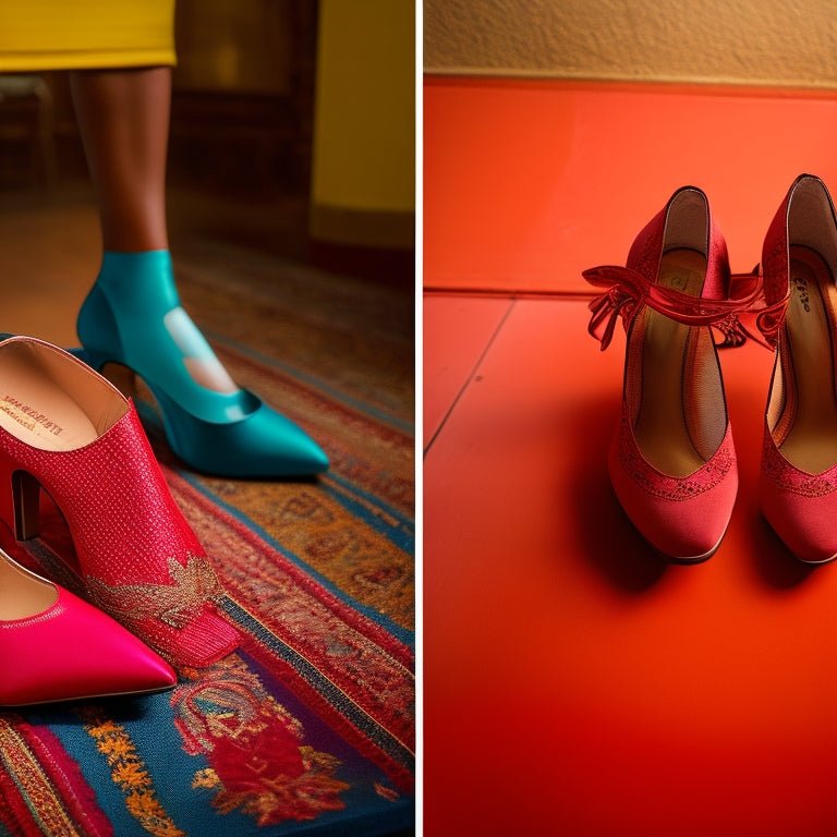 A split-screen image: on the left, a pair of flamenco shoes with socks peeking out from underneath, and on the right, the same shoes with bare feet.