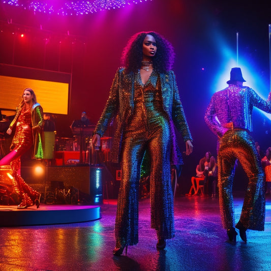 A dynamic stage scene featuring a vibrant sequined jacket, sleek leather pants, bold platform boots, and eclectic accessories, illuminated by colorful spotlights, with an energetic atmosphere capturing the essence of performance style.