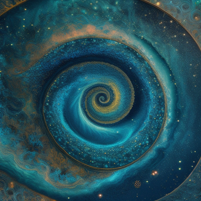 A vibrant, abstract digital art piece featuring swirling patterns of turquoise, emerald, and amber hues, set against a dark, starry night sky, with subtle, shimmering accents and organic shapes.