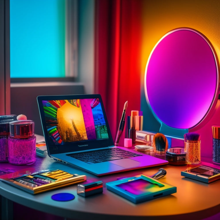 A vibrant illustration of a makeup artist's vanity with a laptop, smartphone, and dance-inspired makeup looks displayed on screens, surrounded by colorful makeup brushes, and a subtle cityscape or dance studio background.