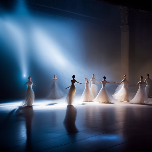 A serene, darkened dance studio with a lone dancer in the center, surrounded by blurred, ghostly echoes of themselves, each frozen in a different pose, with subtle, glowing trails connecting each figure, conveying struggle and disjointed movement.