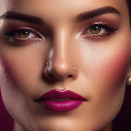 A close-up shot of a dancer's face, with dewy skin, subtle shimmer on the high cheekbones, defined brows, and bold, berry-stained lips, against a blurred, dark studio background.