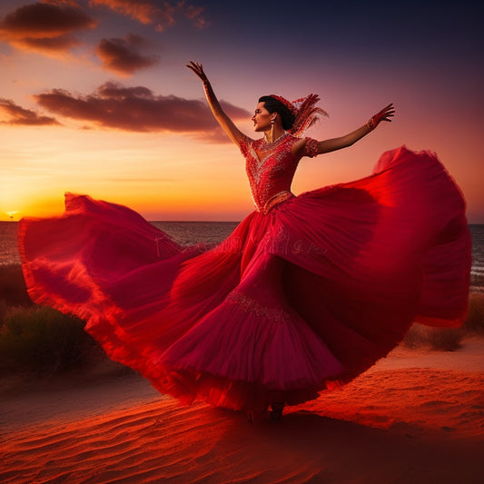 A dynamic, crimson-clad flamenco dancer in mid-pirouette, surrounded by swirling, expressive brushstrokes and vibrant, fiery hues, with a subtle, gradient background evoking a Spanish sunset.