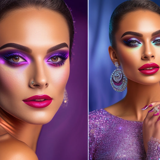 A split-screen image featuring a beautiful, glamorous dancer in a sparkling costume, with a bold, shimmering eye makeup look on the left, and a downloadable guide with step-by-step illustrations on the right.