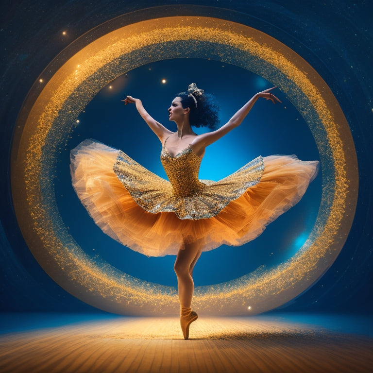 A whimsical illustration of a dancer in mid-pirouette, surrounded by swirling blueprints, musical notes, and scattered dance shoes, set against a warm, golden-lit background with subtle texture.