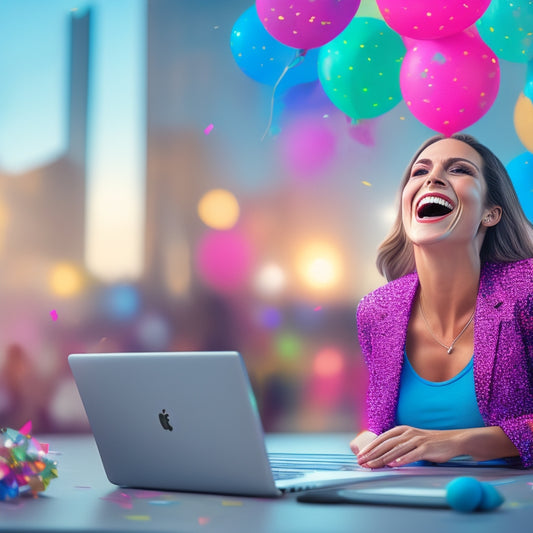 A vibrant illustration of a joyful woman dancing in front of a laptop, surrounded by confetti and balloons, with a subtle cityscape in the background, conveying fun and celebration.