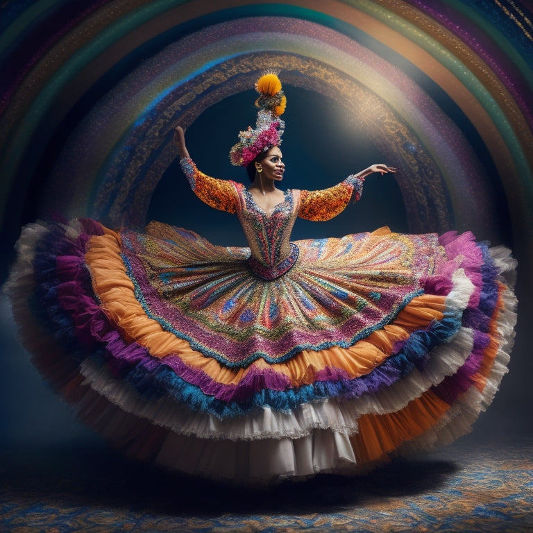 A whimsical illustration of a dancer in mid-pirouette, surrounded by a swirl of colorful costumes, fabrics, and accessories, with spotlights shining down, highlighting the intricate details of the attire.