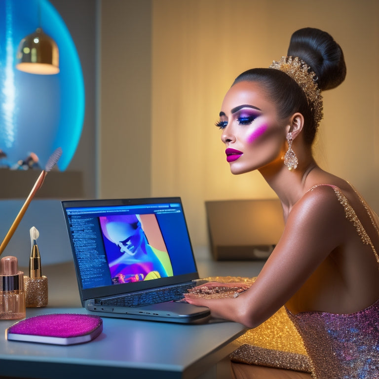 A glamorous, spot-lit dancer in mid-pose, surrounded by scattered makeup brushes, compacts, and cosmetic products, with a laptop or tablet displaying a virtual makeup tutorial in the background.