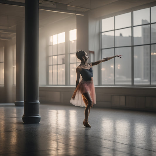 A serene, dimly lit dance studio with a lone dancer, wearing a supportive ankle brace, standing in a gentle, weight-transferring pose, amidst scattered dance shoes and a subtle glimpse of a cityscape outside.