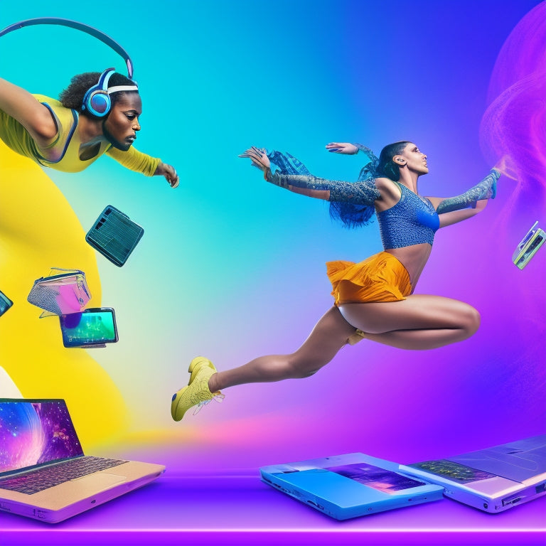 A dynamic illustration of a dancer in mid-air, surrounded by swirling laptops, tablets, and smartphones, with dance shoes and headphones scattered around, set against a vibrant, gradient-colored background.